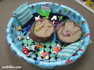 I filled our Fish Frog Pond with Blankest, Pillows, books, and stuffed animal pond animals